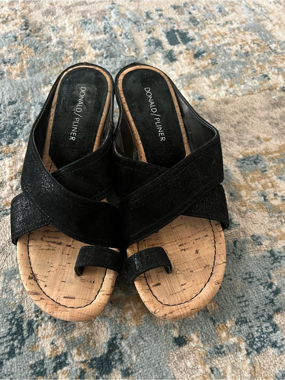 Donald J. Pliner Black Cork-Effect Crisscross Toe-Loop Slides
